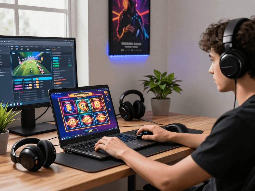Player enjoying non UK licensed casinos on laptop in a vibrant gaming room filled with gaming accessories and soft LED lighting.