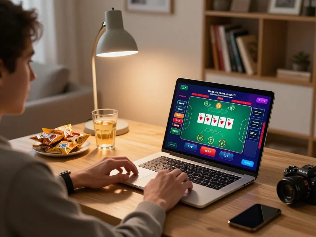 Player engaging in online gambling at NK88 with a modern home setup
