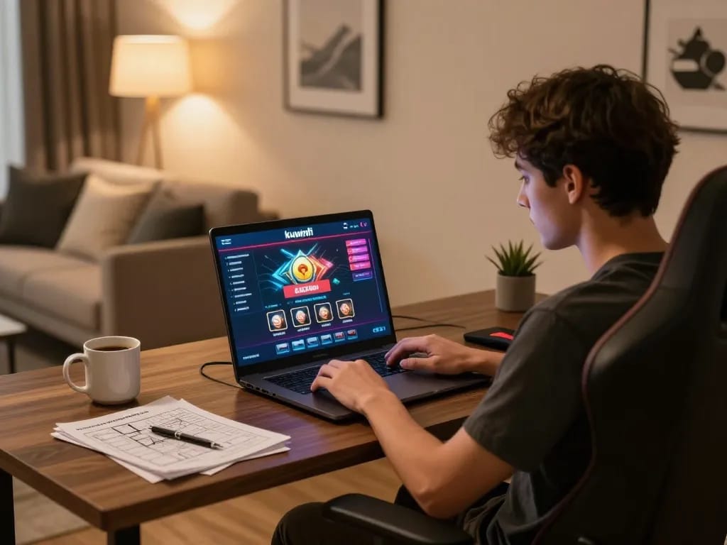 Engaged player using kuwinfi website for online betting strategy in a cozy setup.
