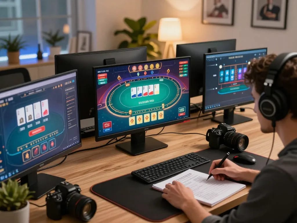 Player strategizing on multiple screens while enjoying Okfun's interactive online poker.