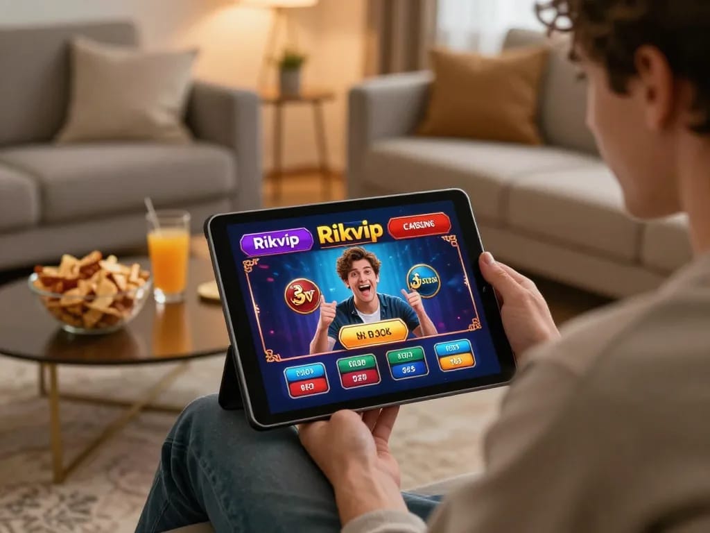 Player enjoying Rikvip casino app on tablet in a cozy home setup, promoting responsible gambling