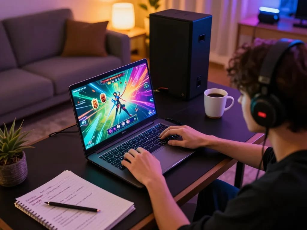 Engaging gameplay on u888 displayed on a laptop while a player strategizes with notes nearby