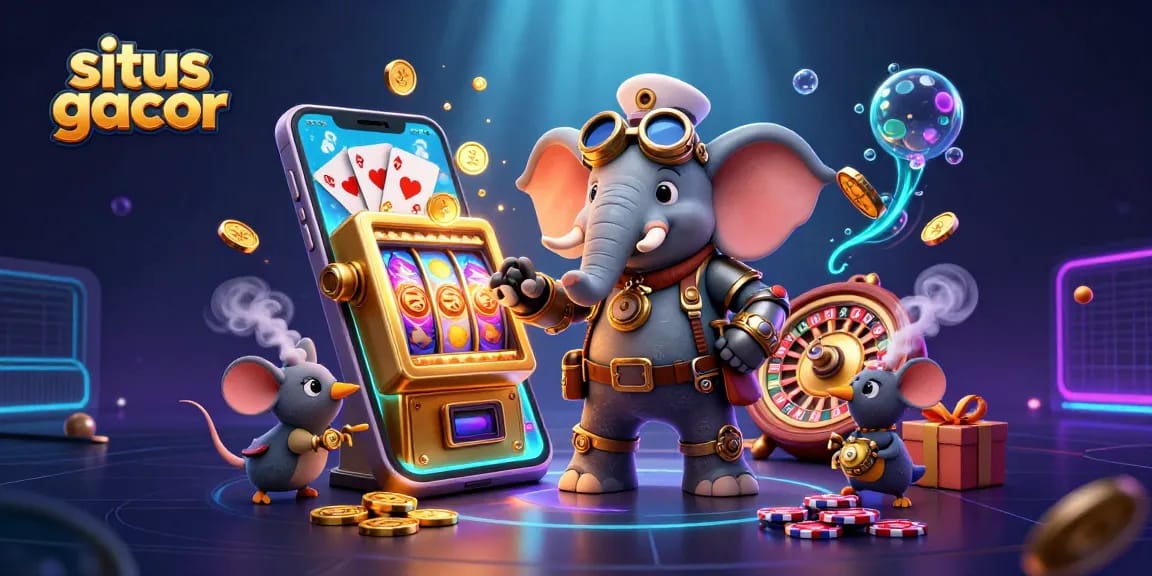 Experience fun with situs gacor in this vibrant casino-themed illustration featuring a steampunk elephant and games.