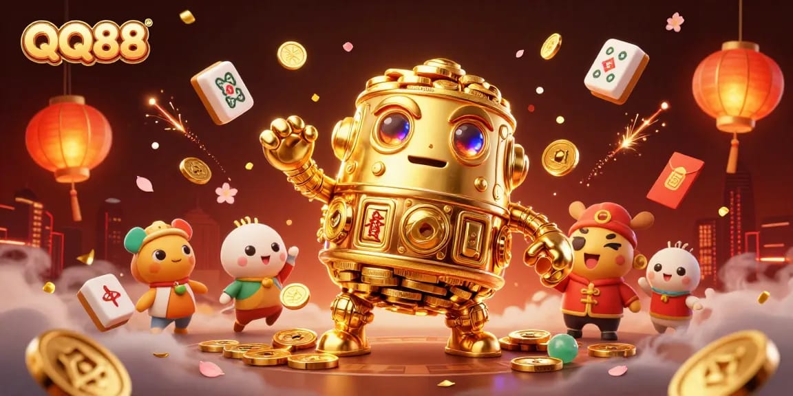 Spin your luck at QQ88 with this exciting 3D illustration of a golden golem amidst vibrant casino elements.