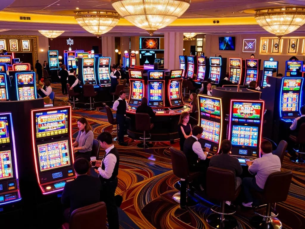 Players enjoying vibrant slot machines at a Las Vegas casino, immersing in the gem 88 excitement of gambling.