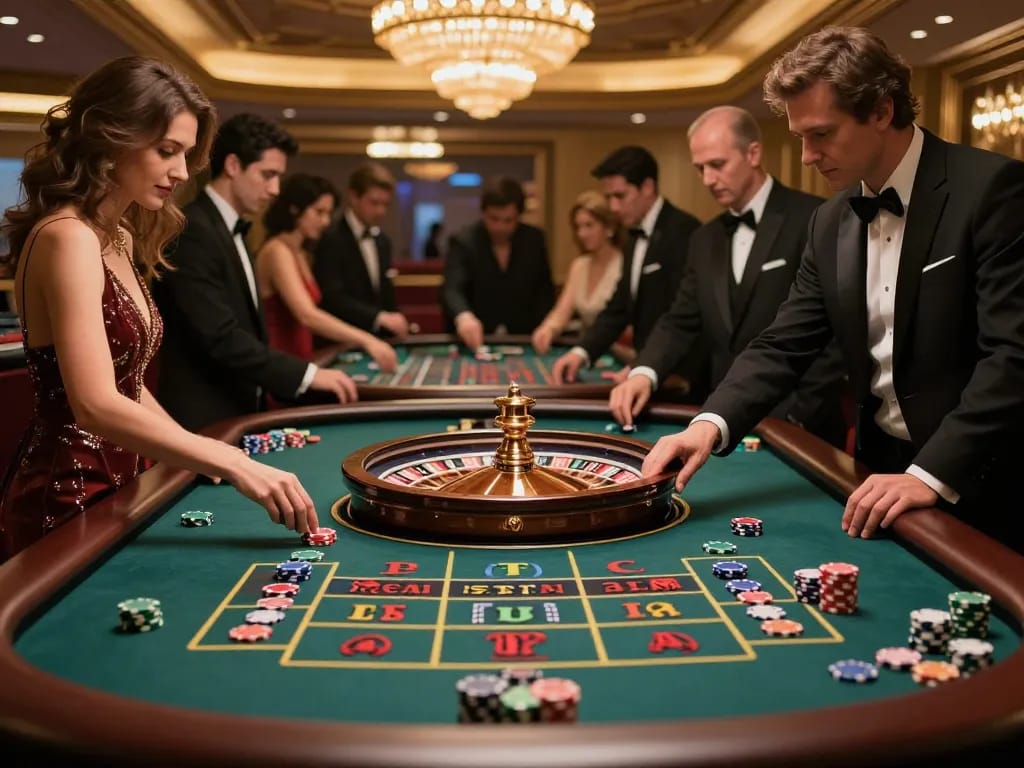 Experience the thrill of gambling at lu88 with players engaged at an elegant roulette table.