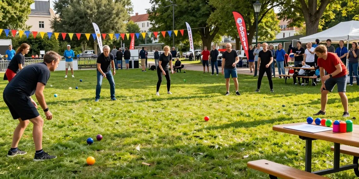 Dynamic petanque match at fopikotatomohon.org with a diverse group of players aiming towards the cochonnet.