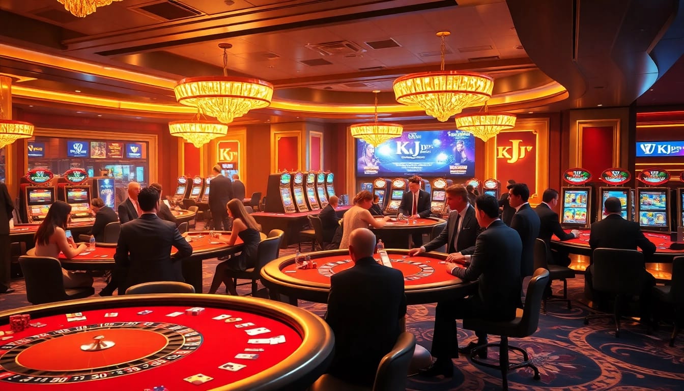 KJC gamblers strategizing at a high-stakes poker table in a luxurious casino ambiance.