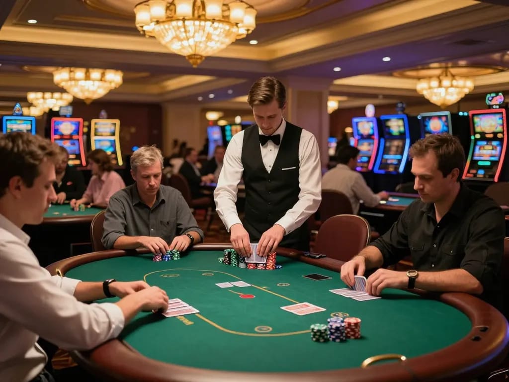 Soc88 gamblers engaged in strategic poker gameplay at an upscale casino table with warm lighting and professional dealer.