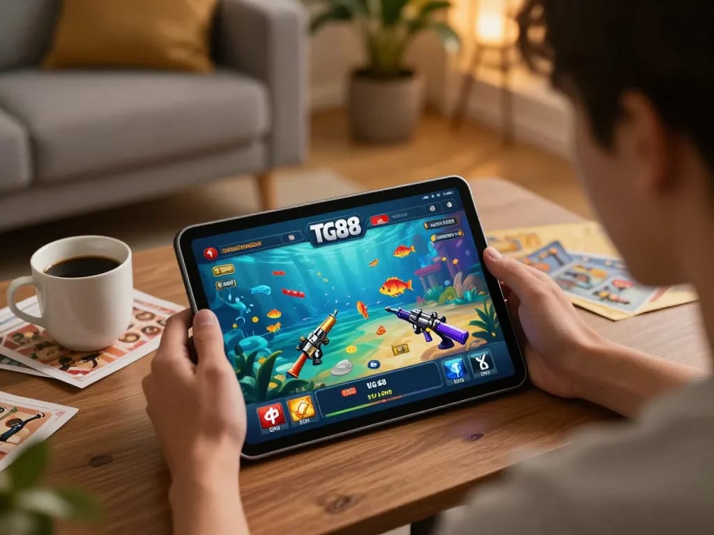 Player enjoying the tg88 casino app while engaging with ocean-themed gaming strategy at home.