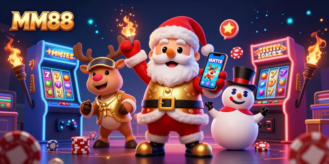 Experience the excitement of MM88 with vibrant casino illustrations featuring Santa Claus and friends.
