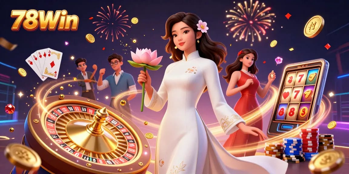 Engage with 78Win as the elegant Asian woman holds a lotus and coin, sparkling casino elements soaring.