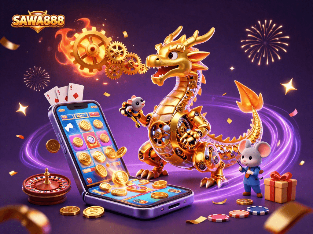 SAWA888 showcases a dynamic 3D illustration of a golden dragon with gears, set among vibrant slot game elements.