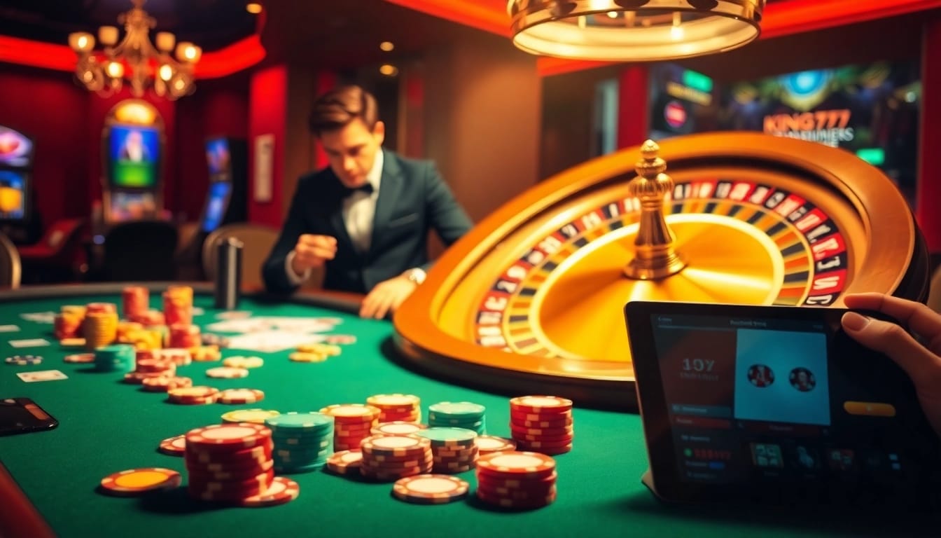 Intense gaming action at King79 online casino with vibrant poker chips and a spinning roulette wheel.
