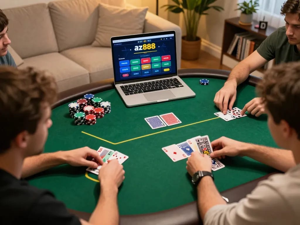 Enjoying a strategic poker game on az888 with players focused on their cards, in a cozy home setting.