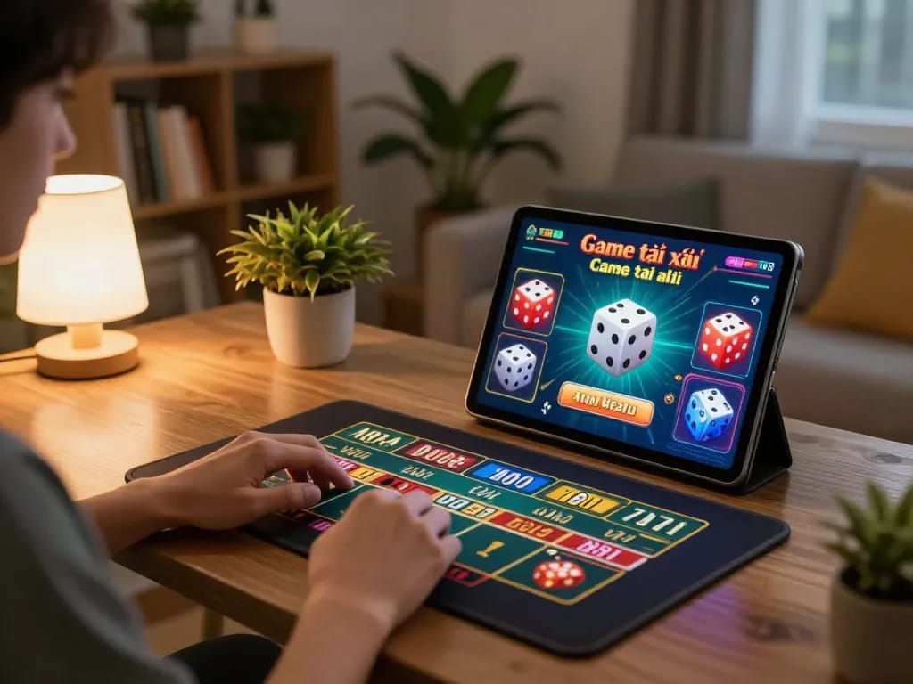 Engaging with Game tài xỉu in a cozy home gaming setup, showcasing vibrant online gameplay.