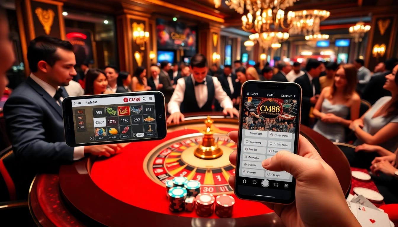 Experience thrilling gameplay at CM88 casino with dealers, poker chips, and vibrant roulette.