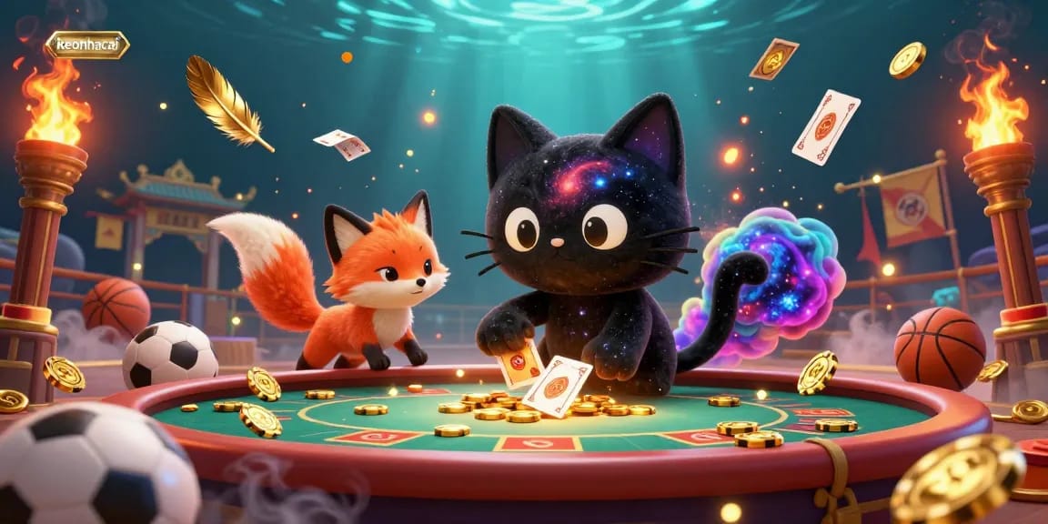 Engage with keonhacai betting action, where a cosmic cat collects winning chips amidst swirling sports elements.