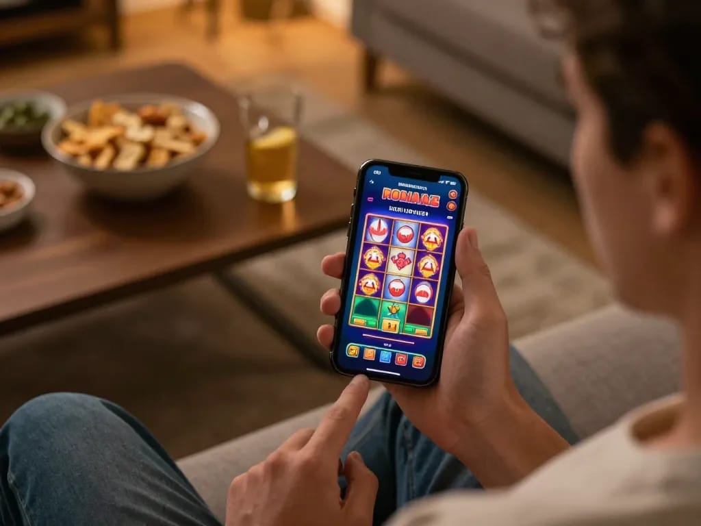 Engaging with 8kbet betting app on smartphone in a cozy living room, showcasing mobile gambling excitement.