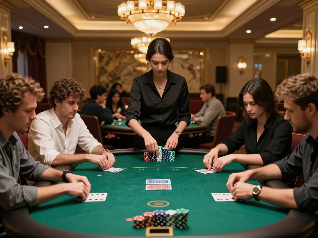 U888 players engaged in thrilling poker game at a luxurious table with elegant decor.