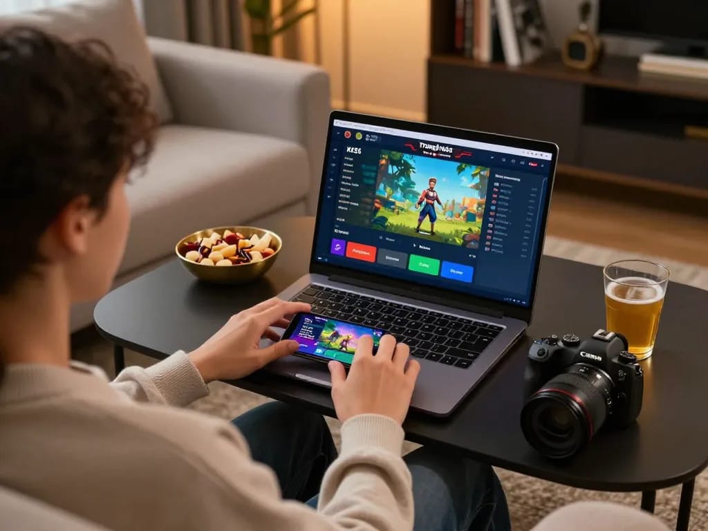 Engaging experience on Trang chủ KK55 with a player enjoying online gaming on a laptop in a cozy living room setting.