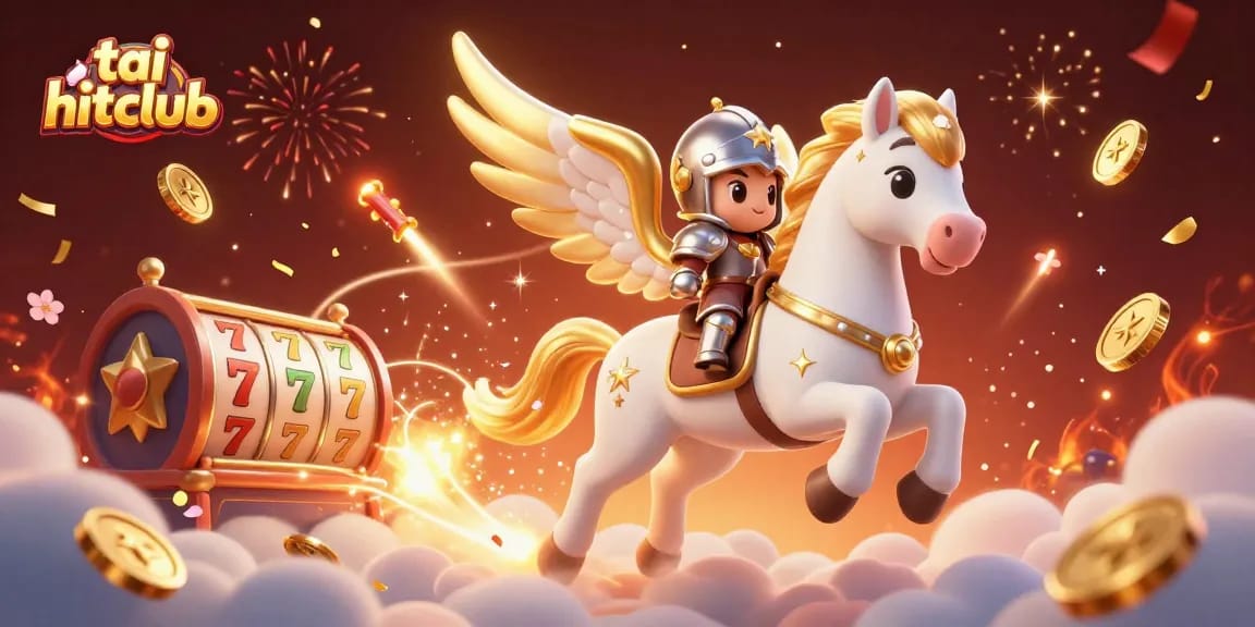 Bet and win with tai hitclub featuring a delightful knight on a magical horse with slot reels and celebration.