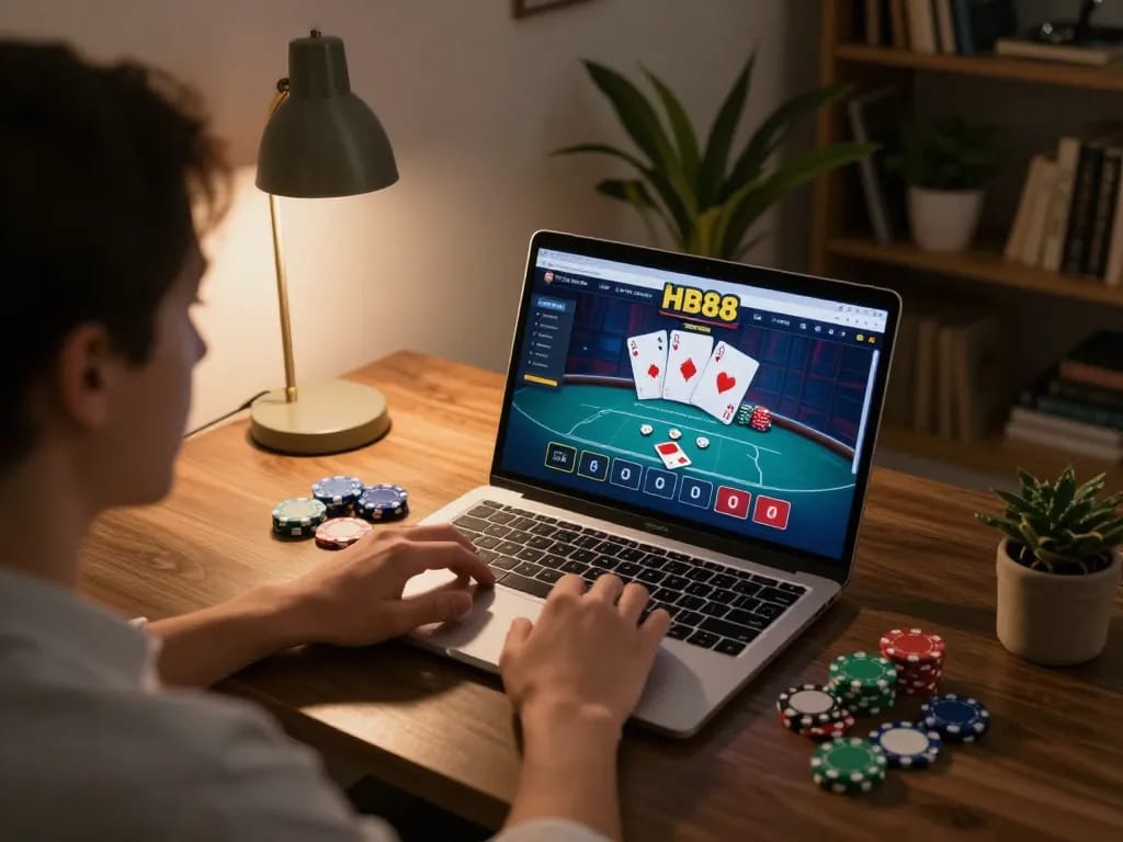 Experience exciting gameplay at HB88 with a player focused on online poker in a cozy home setup.