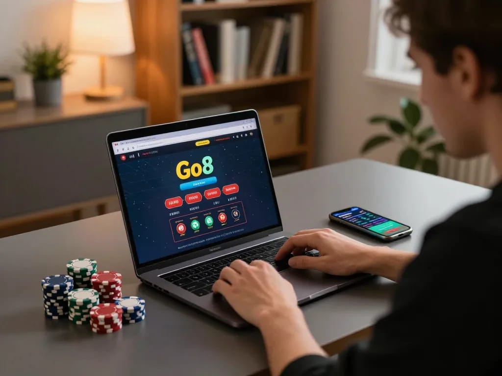 Go8 casino player strategizing with laptop and chips during an online gaming session