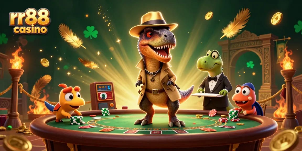 Experience thrilling gameplay at rr88 casino with a playful velociraptor and epic gambling elements.