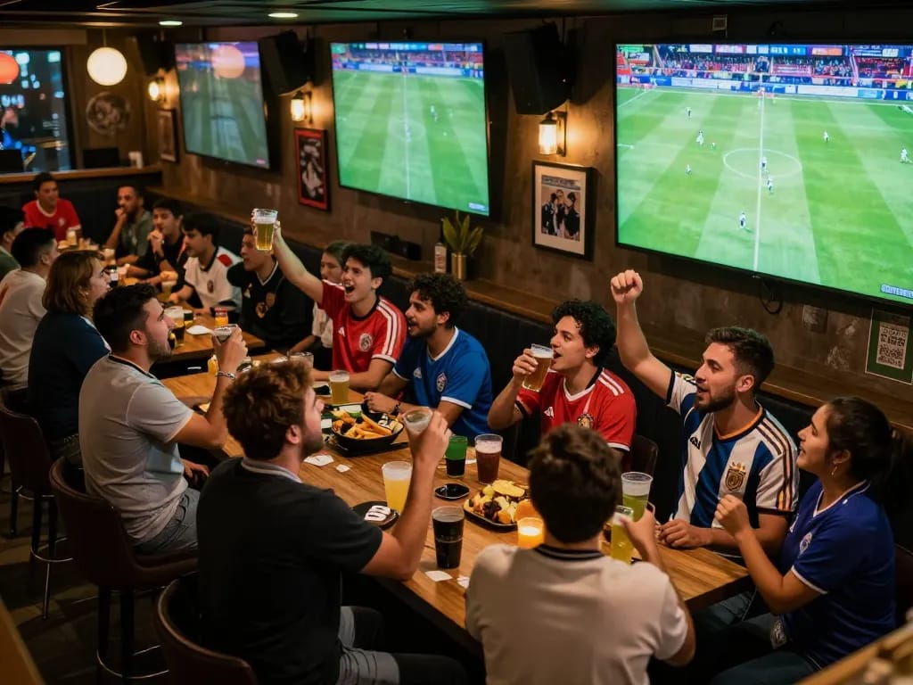 KQBD fans celebrating a live football match in a crowded sports bar, showing excitement and community spirit