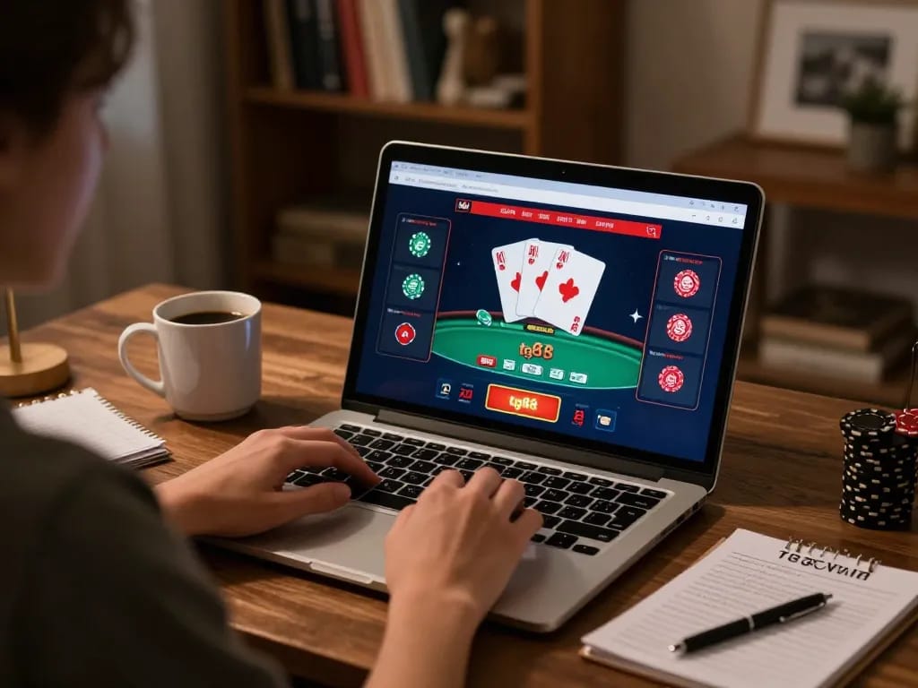 Engaging with the tg88 casino app in a cozy home office, emphasizing responsible online gaming strategies.