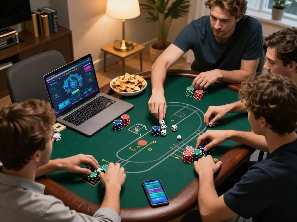 Engaging friends playing poker using the Link vào LUCK8 online platform, showcasing strategic card gameplay.