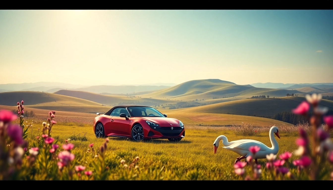 Swan Cars parked elegantly in a scenic countryside, emphasizing luxury and travel.