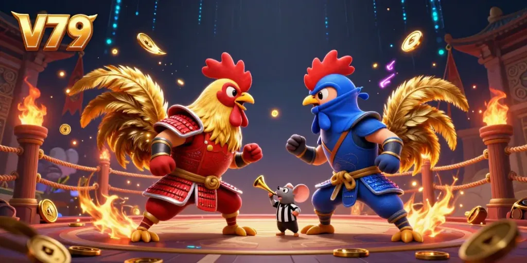 Engage in thrilling gameplay at V79 with dramatic cockfighting between samurai and ninja roosters.