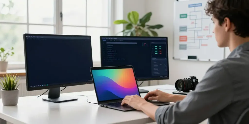 Professional workspace featuring instant indexing strategies on dual monitors and marketing tools.