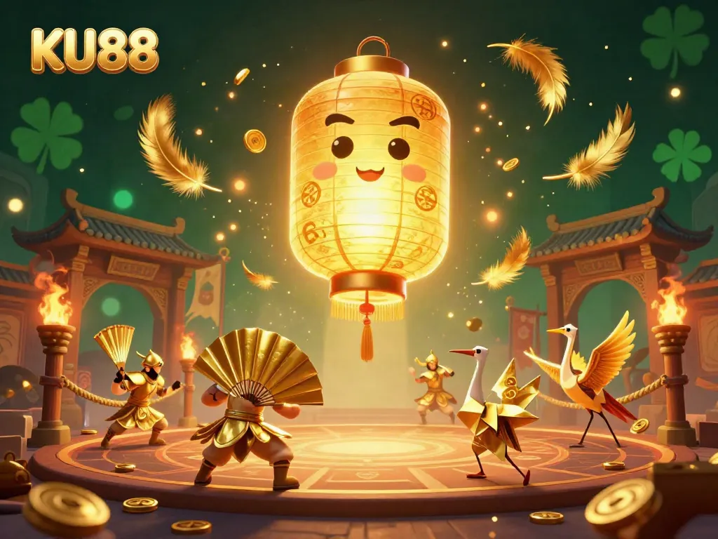 Engage with KU88's dynamic casino experience featuring a glowing lantern spirit amidst vibrant gaming elements.
