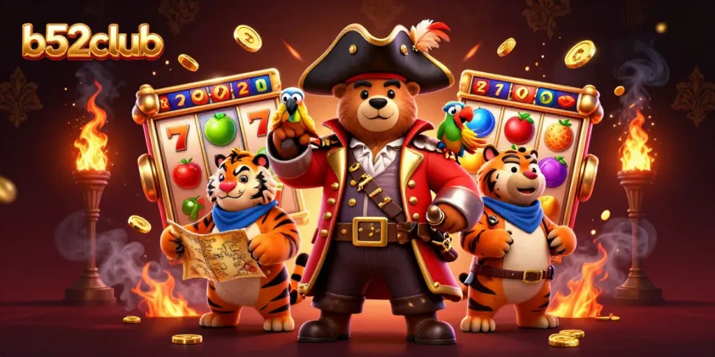 B52club features an engaging casino scene with a pirate captain bear and a tiger mate, surrounded by dynamic slot game reels.