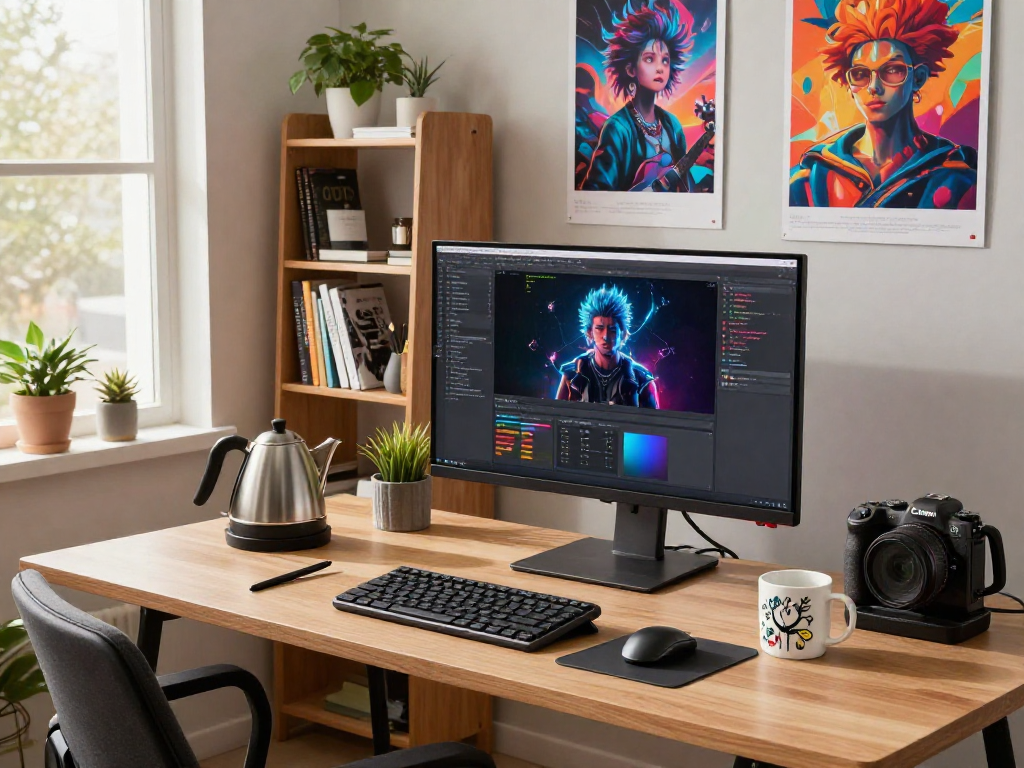 Creative digital artist designing AI NSFW content in a vibrant workspace.