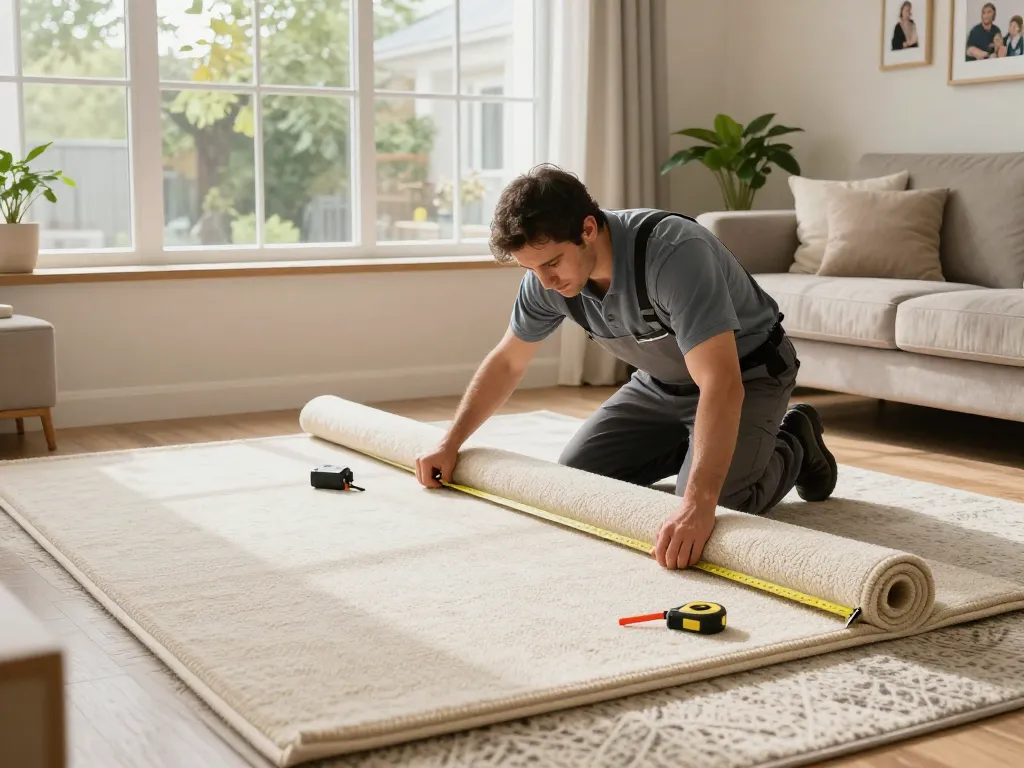 Professional carpet fitters near me installing carpet in a cozy living room.