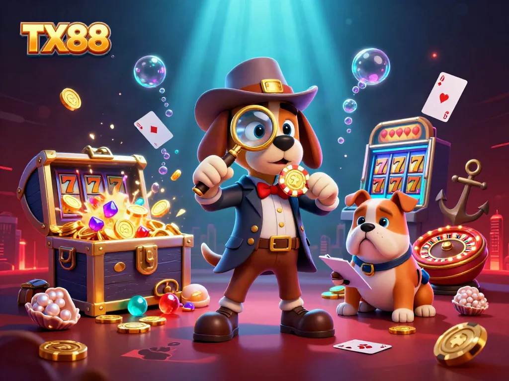 TX88 enhances your gaming experience with treasure-themed illustration of a detective discovering golden poker clues.