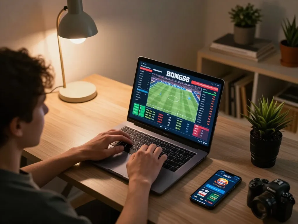 BONG88 online betting setup with a user engaging in live sports betting on a laptop, showcasing strategic gameplay.