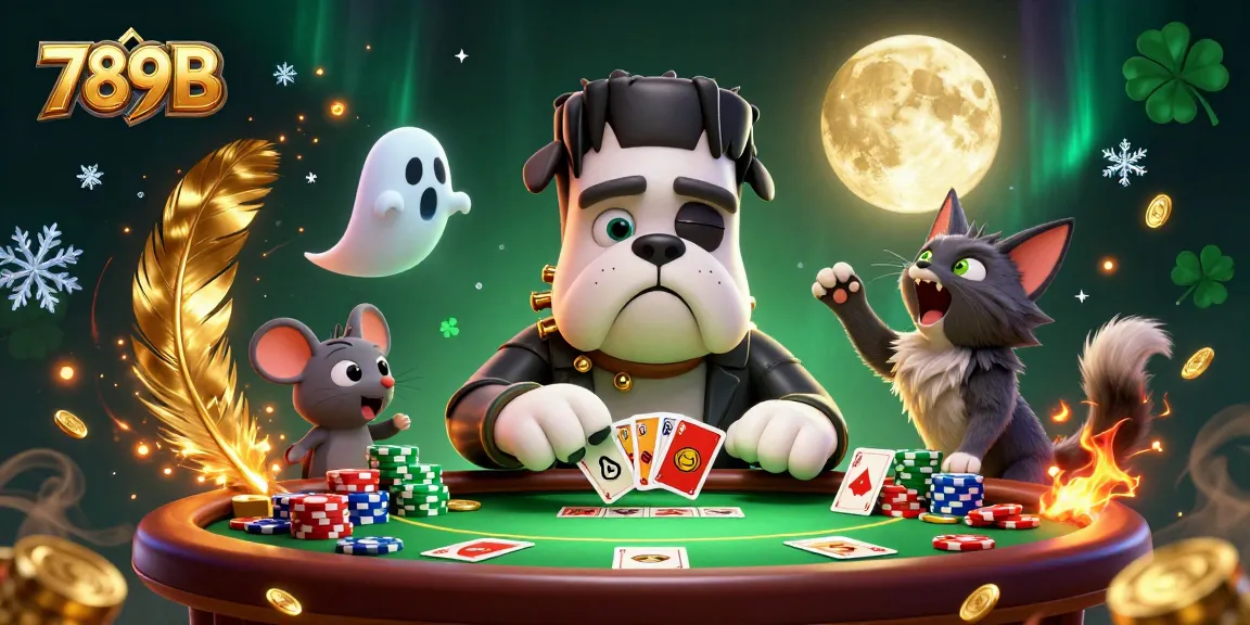 Engage in thrilling poker games at 789B’s lively casino table with unique cartoon characters.