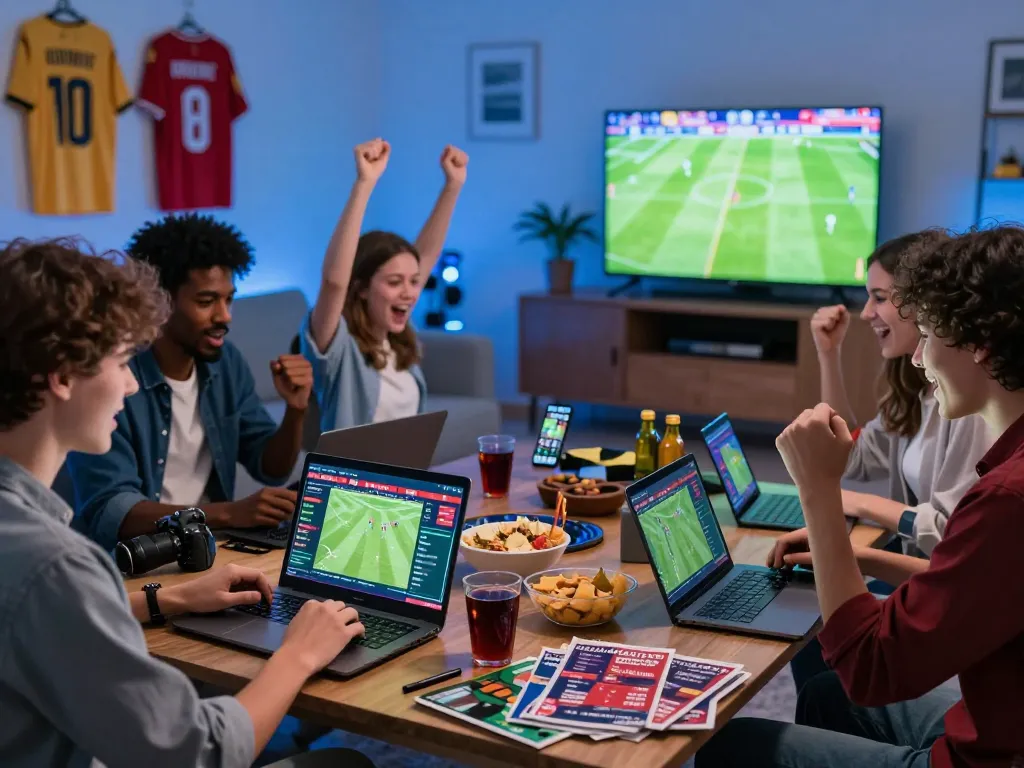 Engaging scene of cá độ bóng đá online enthusiasts celebrating as they track live football matches on devices, creating a lively sports betting atmosphere.