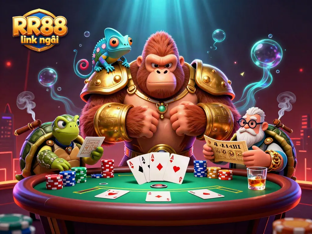 Engage with RR88 link mới through immersive casino gameplay with vibrant characters and poker elements.