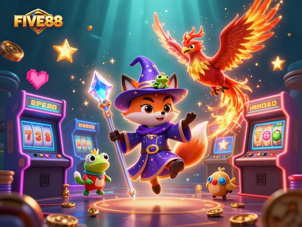 Engage in the vibrant world of FIVE88 with a mystical wizard fox and phoenix in a lively casino setting.