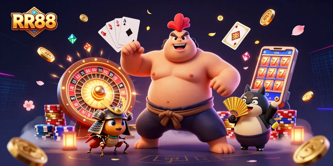 RR88 features thrilling gaming action with a powerful sumo wrestler and fierce samurai cricket amidst vibrant casino elements.