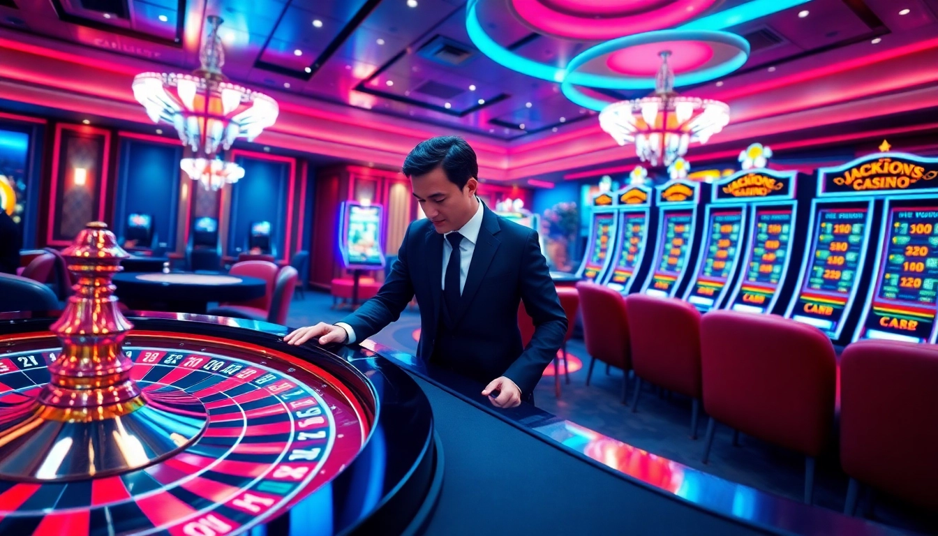Experience the excitement of Luck8 with a vibrant casino scene featuring roulette and poker.