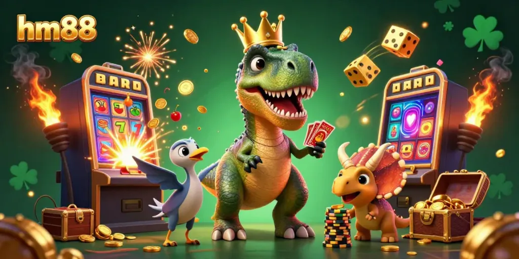 Experience winning fun at hm88 casino with friendly dinosaurs surrounded by slot machines and gold.