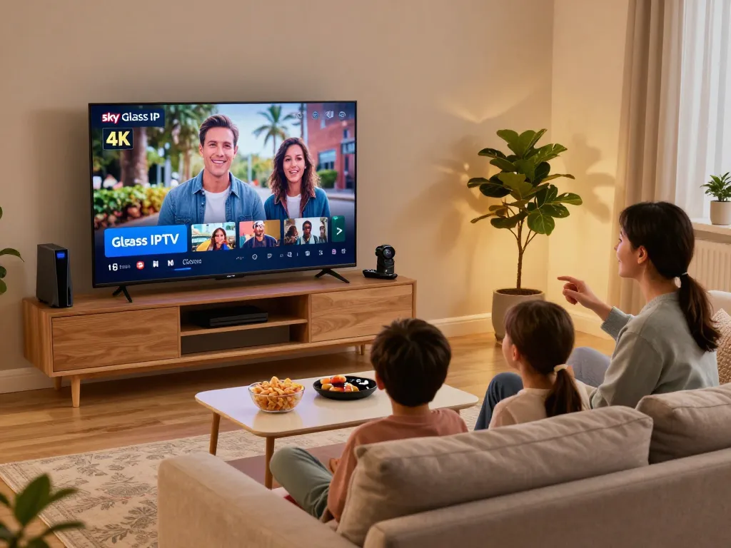 Family enjoying Sky Glass IPTV streaming in their cozy living room, showcasing 4K quality entertainment.