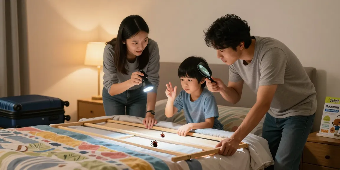 Family using bed bug control methods in a cozy bedroom, inspecting for pests.